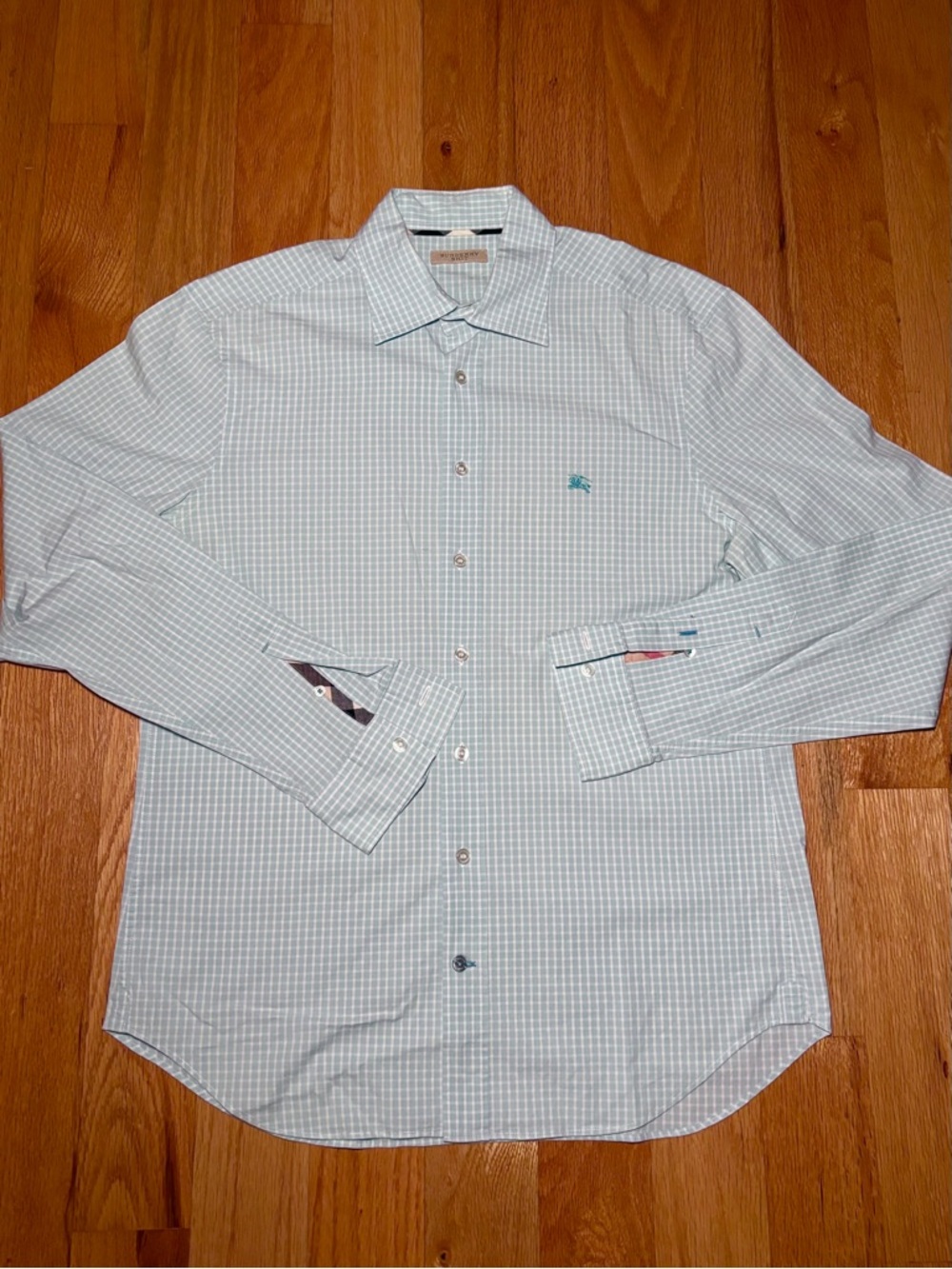 Burberry Checkered Light Blue Logo Embroidered Button Down Shirt